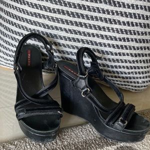 Prada saffiano and velvet Velcro wedges